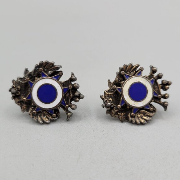 1940s Hungarian Enamel Screw-Back Earrings Vintage Folk Art Bronze - Picture 2 of 5